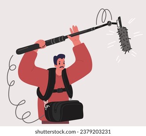 Vector cartoon Illustration of man with microphone reel strip production movie film. Sound engineer, boomer.