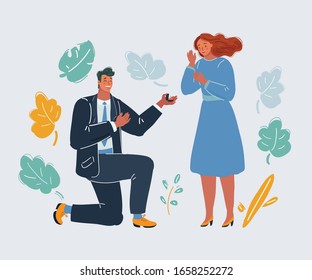 Vector cartoon illustration of man on his knee, makes a proposal to marry the woman