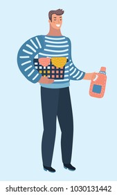 Vector cartoon illustration - man with a pile of linen and a washing machine with detergent. Male character on isolated background.