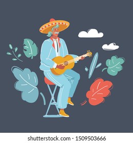 Vector cartoon illustration of man play on guitar. Dark background.