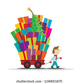 Vector cartoon illustration of man pulling a trolley or cart full of christmas presents.