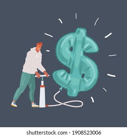 Vector cartoon illustration of man pumps a big air ballon inflatable dollar on dark background. Character with pumper on dark background. Lot of money concept.