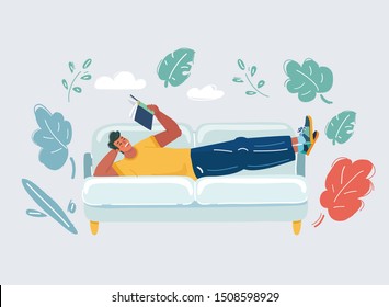 Vector cartoon illustration of man read the book on the sofa. Education concept. Student. Human character on white background.