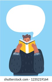 Vector cartoon illustration of man reading a book with speech bubbles.