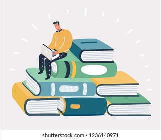 Vector cartoon illustration of man reading the book, sitting on pile. Human charater on white background.