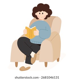 Ilustração em desenho animado vetorial do homem lendo um livro. Educação, aprendizagem, infância e conceito de conhecimento.