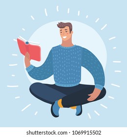 Vector cartoon illustration of man reads book that holds in one hand. Spending time by reading. Male character.