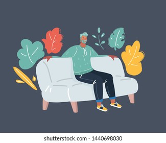 Vector cartoon illustration of man resting at home on sofa. Evening procrastination, rest, after a working day, vacation,