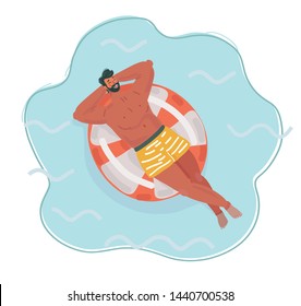 Vector cartoon illustration of Man resting on floating red rubber ring on swimming pool water. Summer rest. Sea vacation.