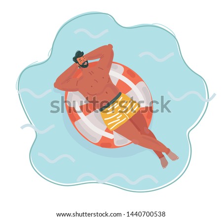 Vector cartoon illustration of Man resting on floating red rubber ring on swimming pool water. Summer rest. Sea vacation.