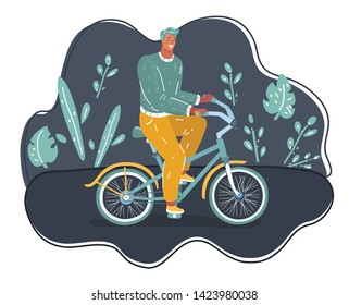 Vector cartoon illustration of Man ride bicycles in evening. Dark background.