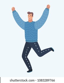 Vector cartoon illustration of man running and jumping for joy