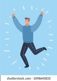 Vector cartoon illustration of man running with hands up.