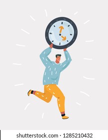 Vector cartoon illustration of man running with clock. Lack of time concept. Deadline. Human character on white isolated background.