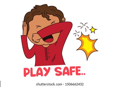 Vector cartoon illustration of man scared with firecracker sound. Lettering play safe text. Isolated on white background. 