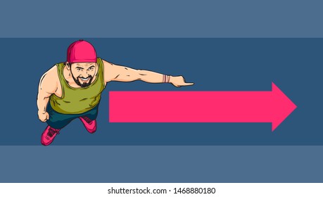 Vector cartoon illustration with man showed a way, one way illustration of man with cap and beard
