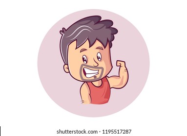 Vector cartoon illustration. Man is showing arm muscles. Isolated on white background.