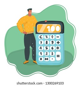 Vector cartoon illustration of Man showing a big green calculator.