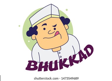 Vector cartoon illustration of man showing tongue out. Lettering bhukkad Hindi Text translation - hungry. Isolated on white background.