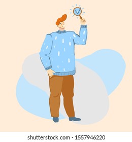 Vector cartoon illustration of man showing done or ready sign. Checklist, check, vote, questionnaire.