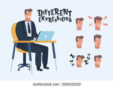 Vector cartoon illustration of Man sit at table, work laptop. Different avatar expressions set. Easy to edit. Object on different layers. Laughing, smiling, crying, sad, angry, frightened, sleeping.