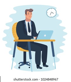 Vector cartoon illustration of a man sit at table in office and cry. Character on isolated background.