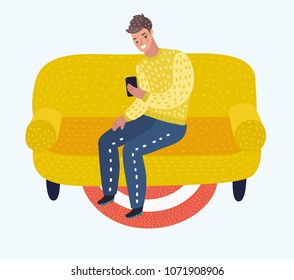 Vector cartoon illustration of Man sitting on couch. Person man relaxation, comfortable, guy resting, man with phone, man relax on couch illustration