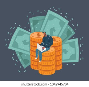 Vector cartoon illustration of Man is sitting on money stack with laptop. Let's make massive profit. Big cash, small Human character on dark background.