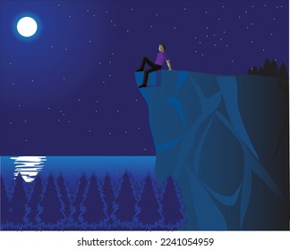 vector cartoon illustration of a man sitting on the edge of a rock cliff enjoying the night view with the moon and stars in the sky looking out to sea