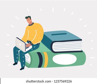 Vector cartoon illustration of man spends time by studying or working, sitting on stack books. Young male person attentively finding out more information in internet. Process of learning and educating