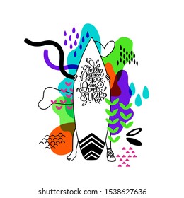 Vector cartoon illustration of man standing with surfboard. Surfing script lettering. Ocean sports surf camp, logotype trip banner, surf station, summer t-shirt design.