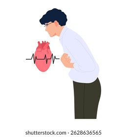 Vector cartoon illustration of man standing holding hands on his chest, heart attack, arrhythmia, heart failure, heartache, sadness, flat design on isolated white background.