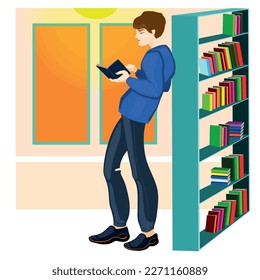 Vector cartoon illustration A man stands near a bookshelf with an open book in his hands. Conceptual illustration of earnings, distance learning and self-education.