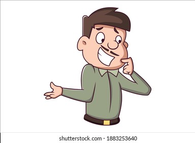 Ilustración de dibujos animados. El hombre se está estirando la mejilla. Aislado sobre fondo blanco.