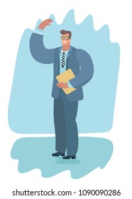 Vector cartoon illustration of man in suit and with a folder and glasses, wave by hand.