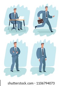 Vector cartoon illustration of a man in suit character in different situations. Run, Self confidence folding arm, work on laptop at table, sad upside down frustration.