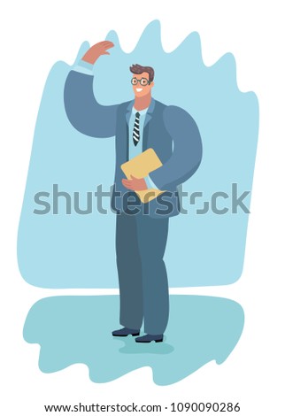 Vector cartoon illustration of man in suit and with a folder and glasses, wave by hand.