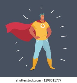 Vector cartoon illustration of man in super hero costumes front view fun humor fathers day. Human character on dark background.