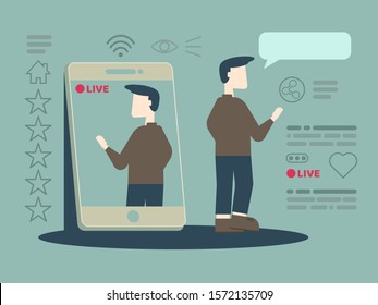Vector cartoon illustration of man taking selfie and talking via live stream smartphone social network, Social media celebrities stars flat design concept.