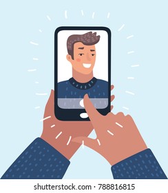 Vector cartoon illustration of man taking selfie photo on smartphone. Smartphone in male hands. Character on isolated background.