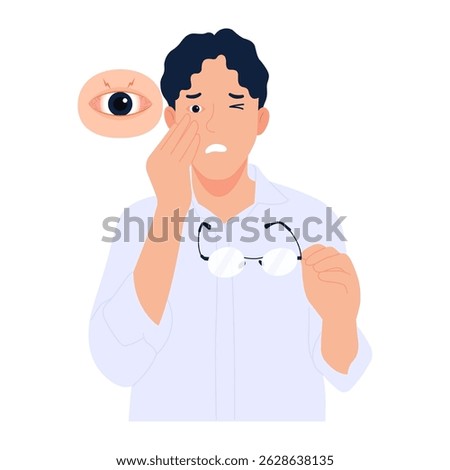 Vector cartoon illustration of a man taking off his glasses and feeling irritated eyes, burning eyes, staring at the screen for a long time will make the eyes itchy and red