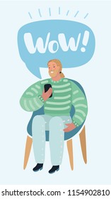 Vector cartoon illustration of Man Talking on a Mobile or reading message or using app Sitting on a Chair. Human modern characters on white background.