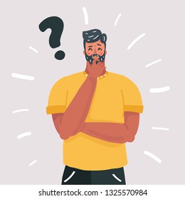 Vector cartoon illustration of Man thinking, oh, question, doubt expression, Cartoon style. Human character on white background.