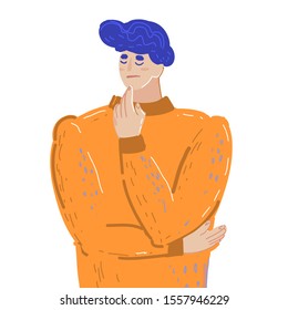 Vector cartoon illustration of Man thinking, oh, question, doubt expression, Cartoon style. Human character on white background.