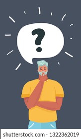 Vector cartoon illustration of Man thinks about something. Stress, insomnia, money problems. Bubble speech above.