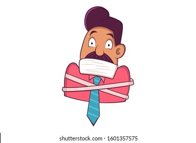 Vector cartoon illustration of man tied up with rope. Isolated on white background.