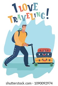 Vector cartoon illustration of man with travel bag traveling