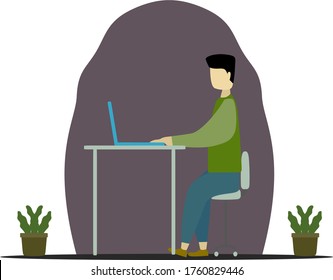 Vector cartoon illustration of man using a laptop