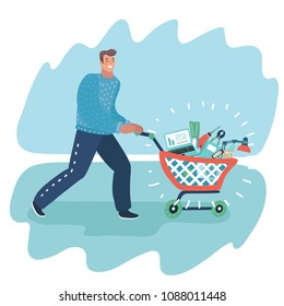 Vector cartoon illustration of man w shop pushing supermarket shopping cart full of goods.