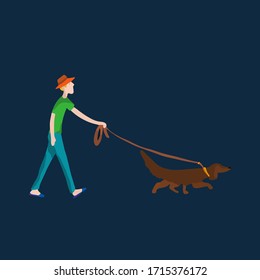 Vector Cartoon Illustration Of Man Walk The Dog At Night In Flat Style